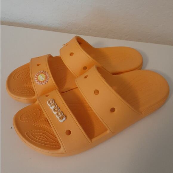 CROCS Iconic Ladies Orange Two Strap Comfort Slides Sandals Jibbitz size 9 EUC - Picture 1 of 5
